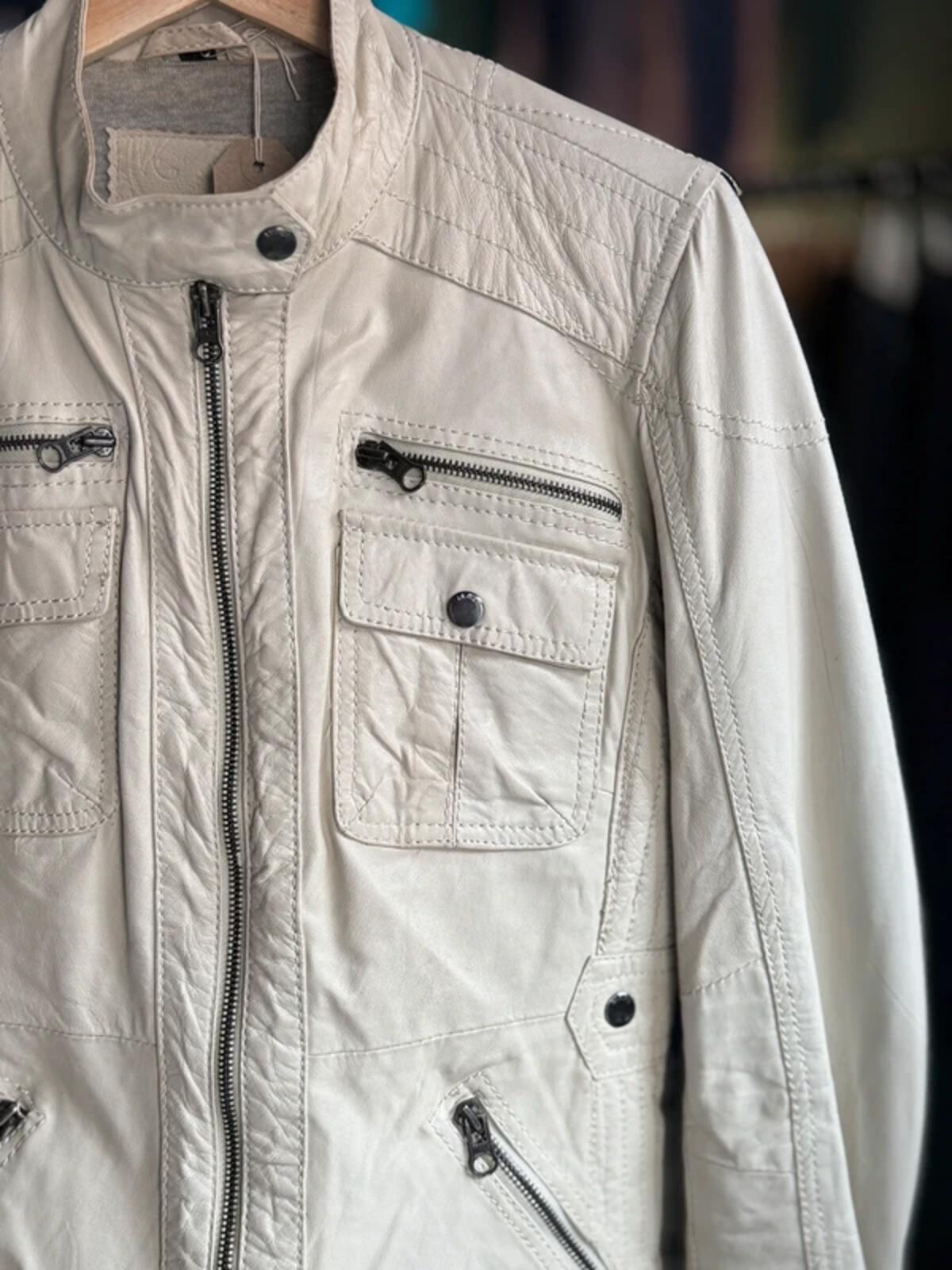 Y2K Cream Leather Bomber Biker Jacket Large