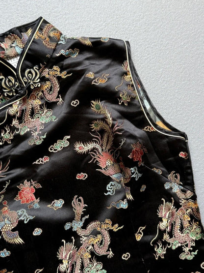 Y2K Black Dragon Phoenix Geisha Top 100% Silk Medium