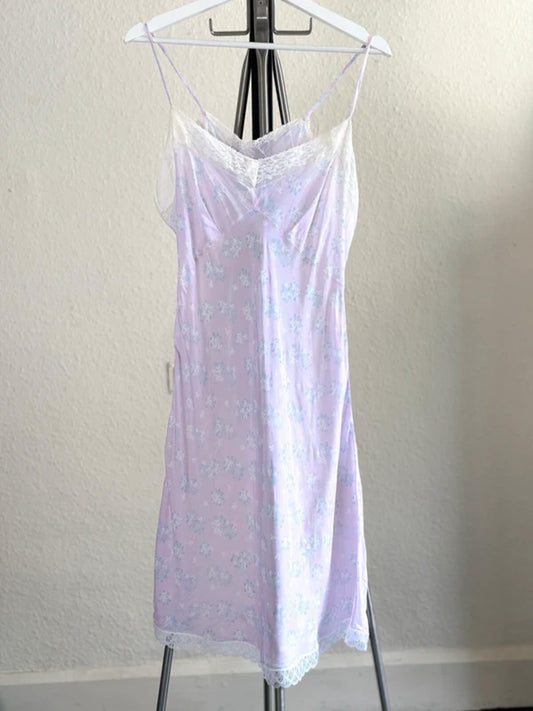 Y2K Lilac Silky Babydoll Slip Dress Floral Lace Medium