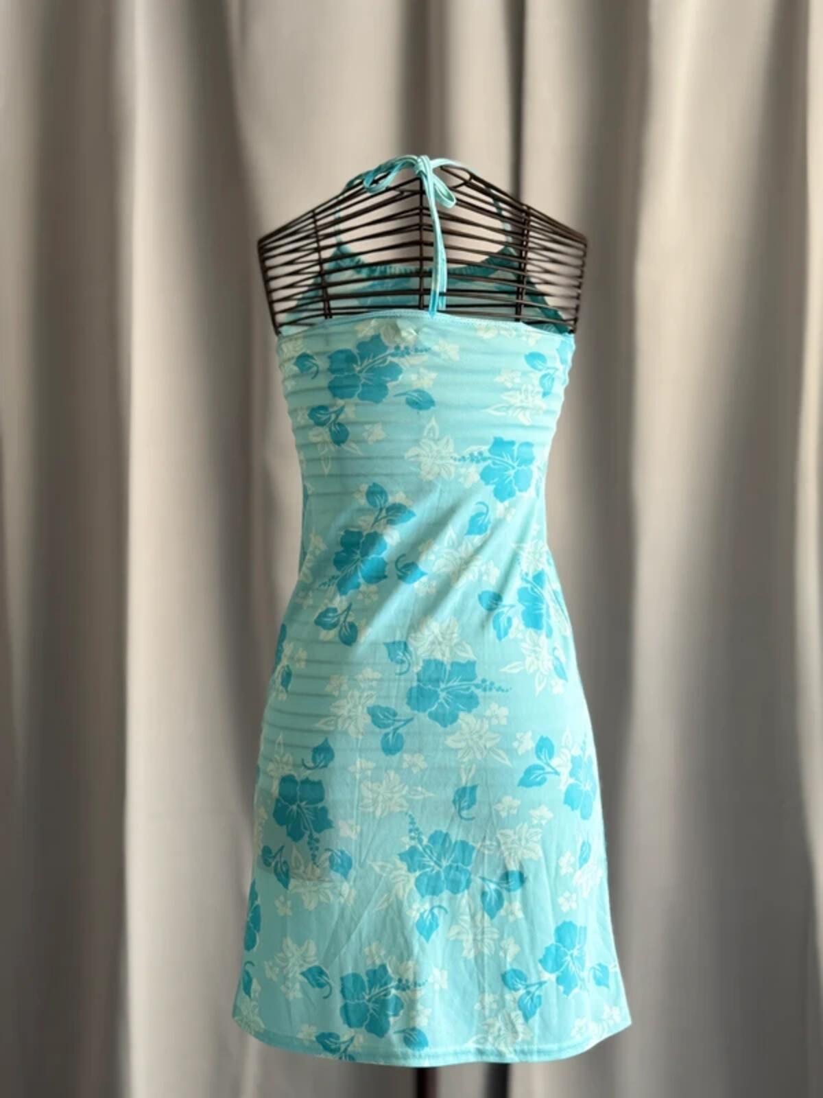 Y2K Blue Hawaiian Floral Halterneck Mini Dress Tropical Summer Beach XS