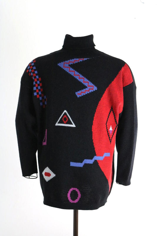Vintage 80s Abstract Knit Jumper | Graphic Geometric Sweater | Black Statement Knit |