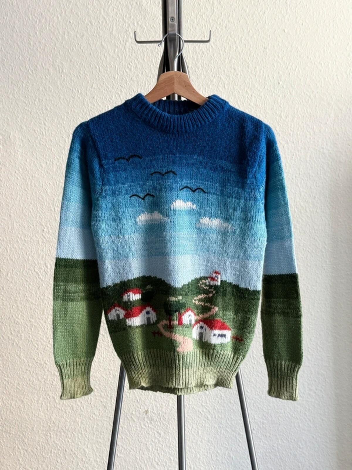 Vintage Sea Country Scene Hand Knit Sweater Small Ladies