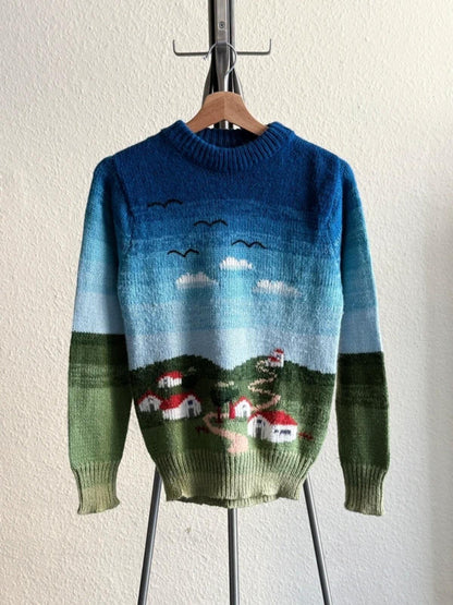 Vintage Sea Country Scene Hand Knit Sweater Small Ladies