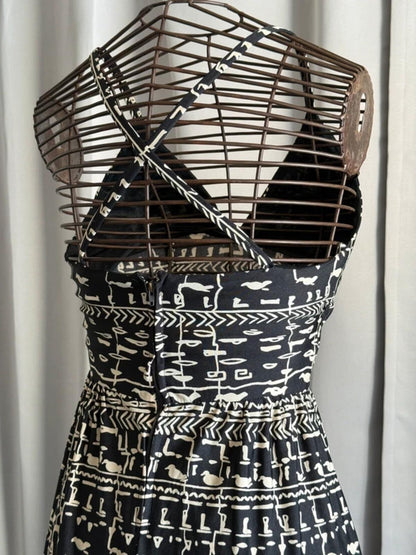 1960s Janine Robin Egyptian Hieroglyphics Print Strap Dress Size 8