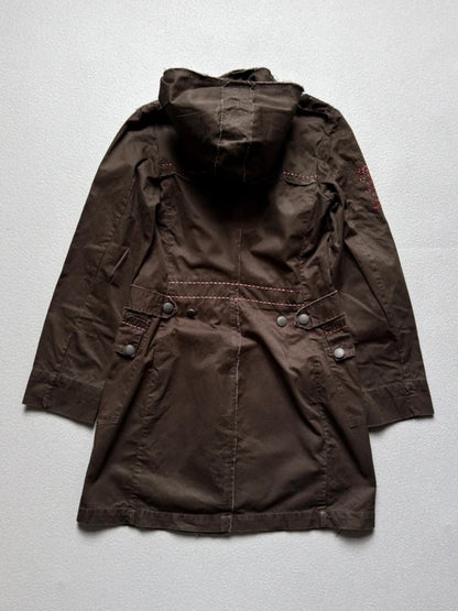 Y2K Brown Utility Parka Coat Size 8 Glitter Embroidery