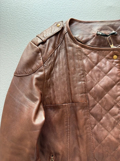 Y2K Brown Asymmetrical Leather Bomber Jacket XL Ladies