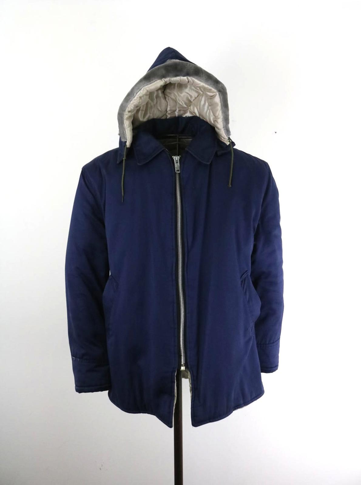 70s Vintage Hooded Workwear Jacket Navy Padded Zip Coat Medium