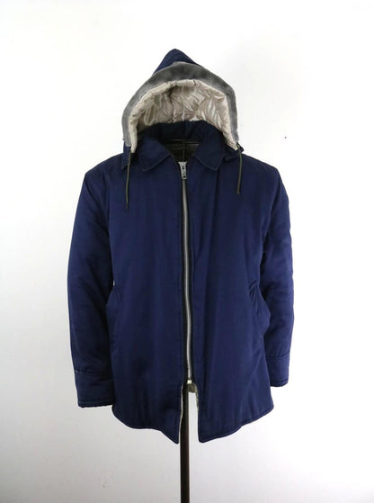 70s Vintage Hooded Workwear Jacket Navy Padded Zip Coat Medium