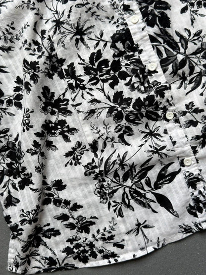 Vintage Black & White Floral Boxy Blouse Shirt Ladies XL