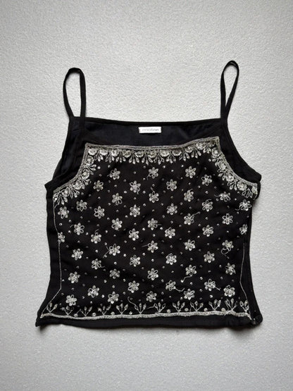 Y2K Floral Sequin Motivi Black Cami Top Small