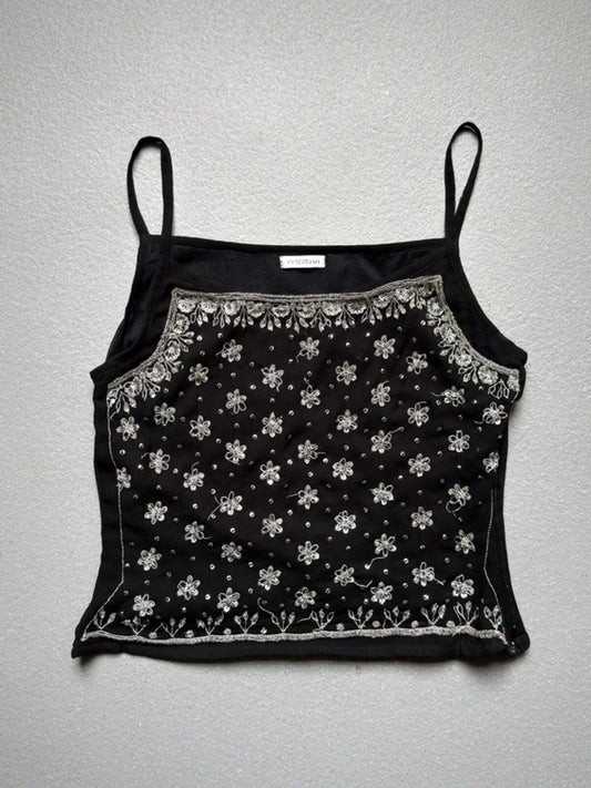Y2K Floral Sequin Motivi Black Cami Top Small