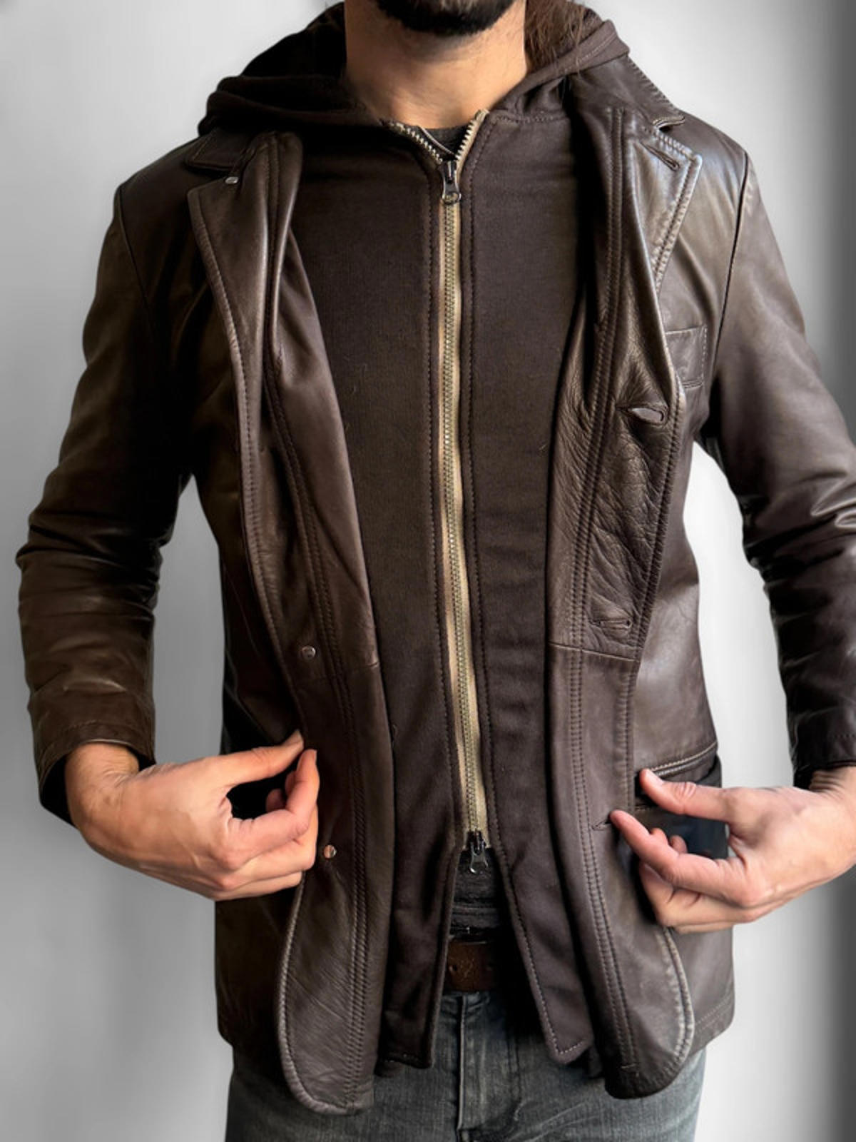 Armani Brown Leather Ladies Hooded Jacket Size 10