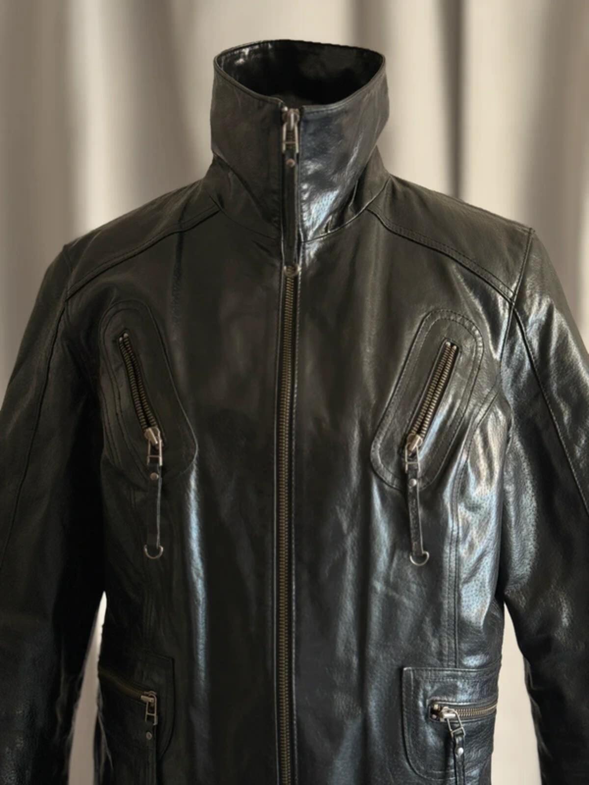 Vintage Black Leather Moto Jacket Medium Biker Y2K Zip Detail Grunge