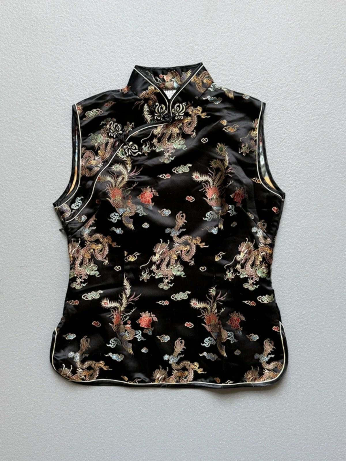Y2K Black Dragon Phoenix Geisha Top 100% Silk Medium