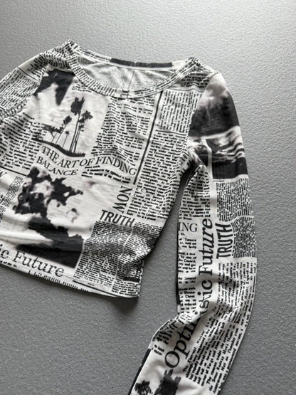 Y2K Style Mesh Long Sleeve Print Crop Top XS