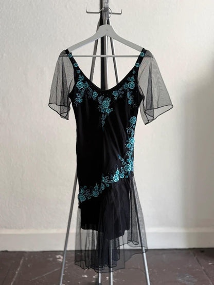 Floral Patch Embroidery Fairy Mesh Sleeve Dress UK 12