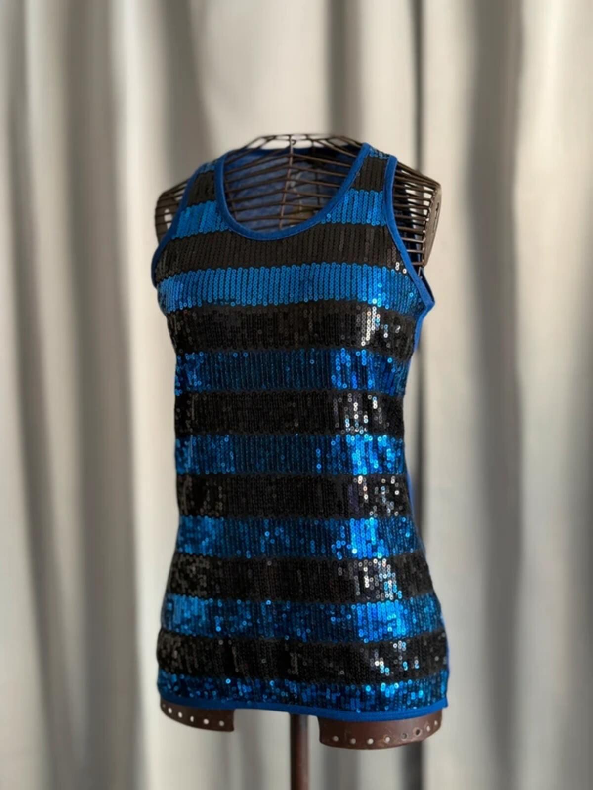 Y2K Indie Striped Sequin Vest Small Black & Blue