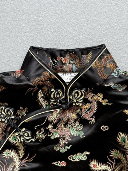 Y2K Black Dragon Phoenix Geisha Top 100% Silk Medium