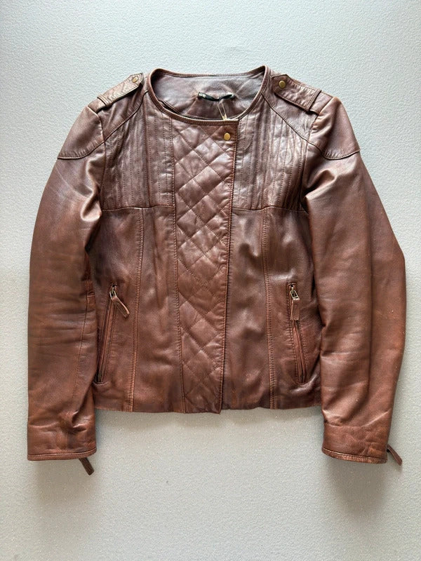Y2K Brown Asymmetrical Leather Bomber Jacket XL Ladies