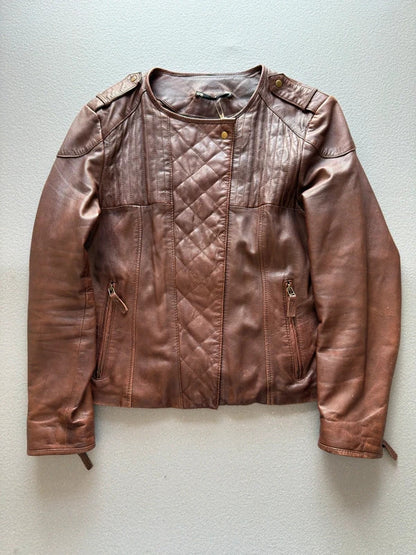 Y2K Brown Asymmetrical Leather Bomber Jacket XL Ladies