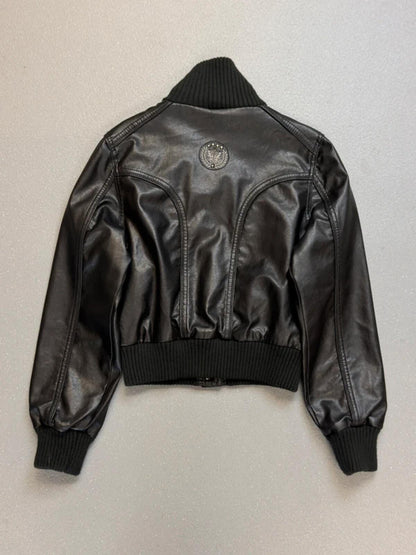 Funnel Neck Leather Jacket Medium Y2K Cropped Black