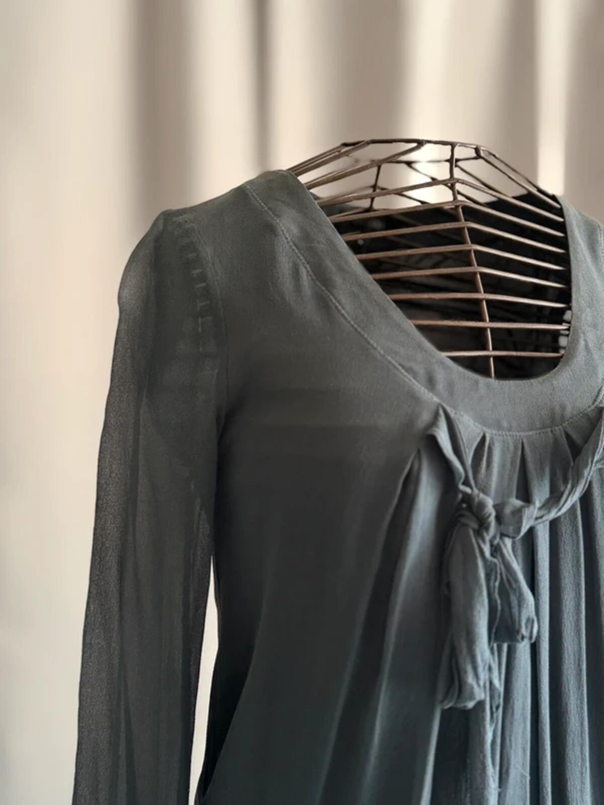 Gaudi 100% Silk Blue Grey Long Sleeve Mini Dress Tie Front Boho Casual Size 14