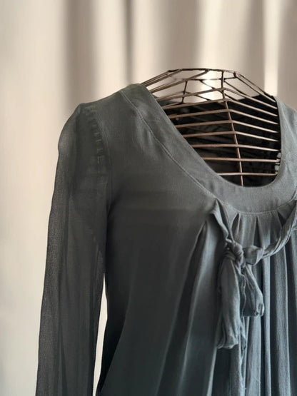 Gaudi 100% Silk Blue Grey Long Sleeve Mini Dress Tie Front Boho Casual Size 14