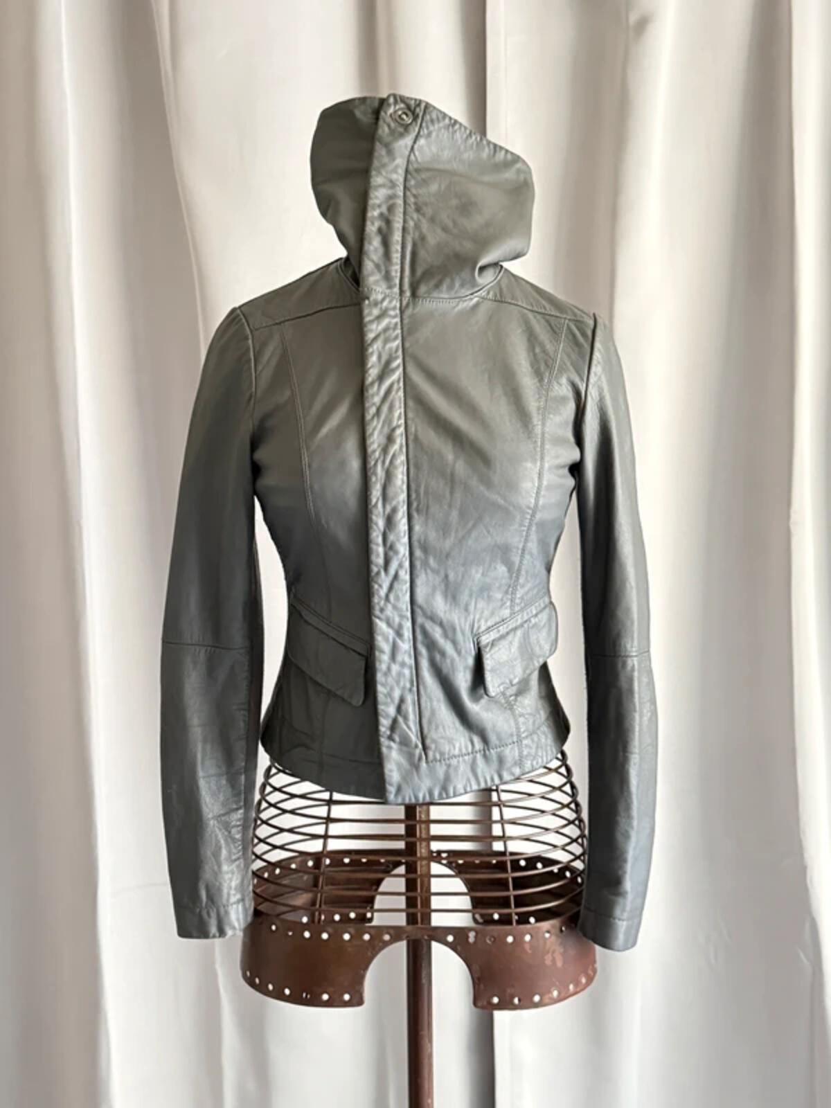 Y2K Grey Funnel Neck Leather Jacket XS Cropped