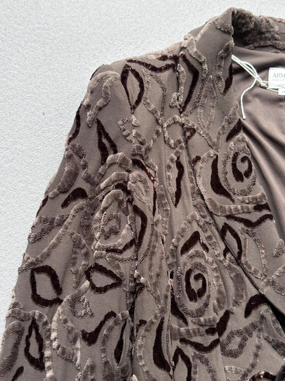Armani Textured Floral Blazer Taupe Velvet Detail Jacket