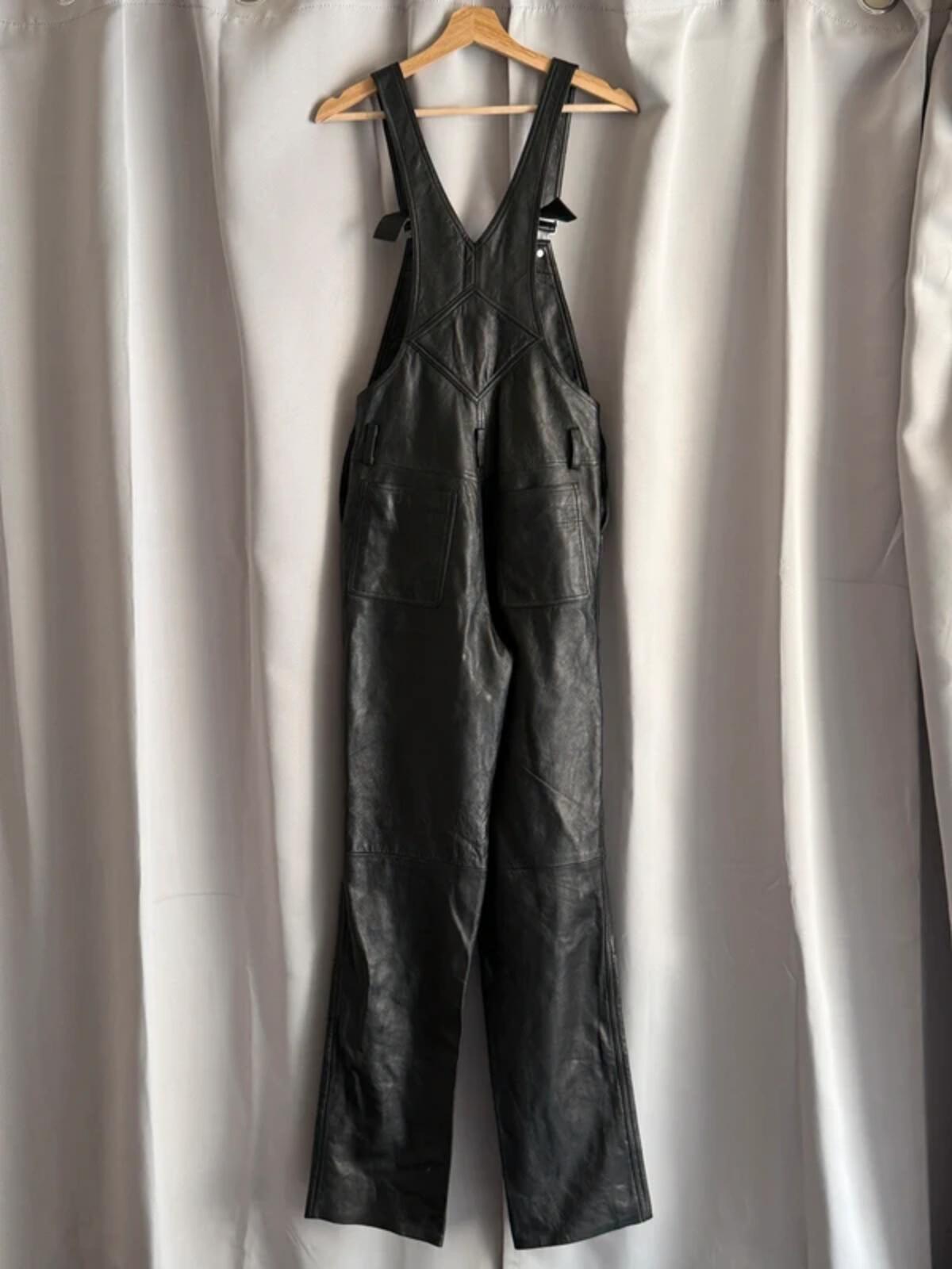 Vintage Black Leather Dungarees Biker Overalls Y2K Grunge Moto 28” Tall
