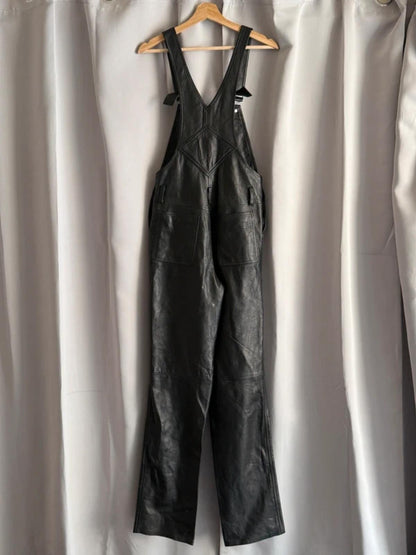 Vintage Black Leather Dungarees Biker Overalls Y2K Grunge Moto 28” Tall