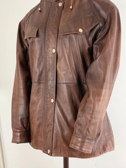 Derimod Hooded Brown Leather Jacket Large