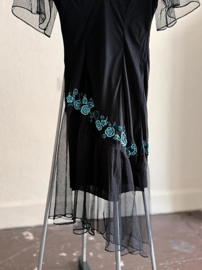 Floral Patch Embroidery Fairy Mesh Sleeve Dress UK 12