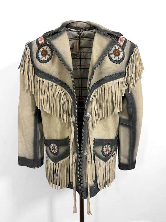 Western Cowboy Fringe Real Leather Native Jacket Medium