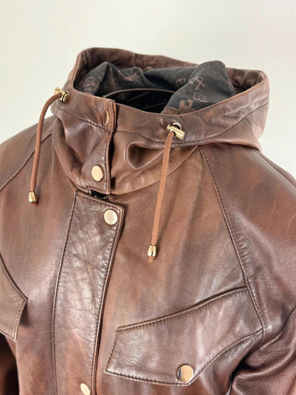 Derimod Hooded Brown Leather Jacket Large