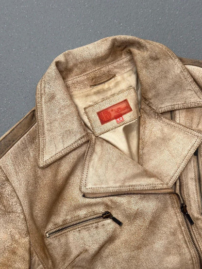 Y2K Distressed Beige Biker Jacket Leather Size 12