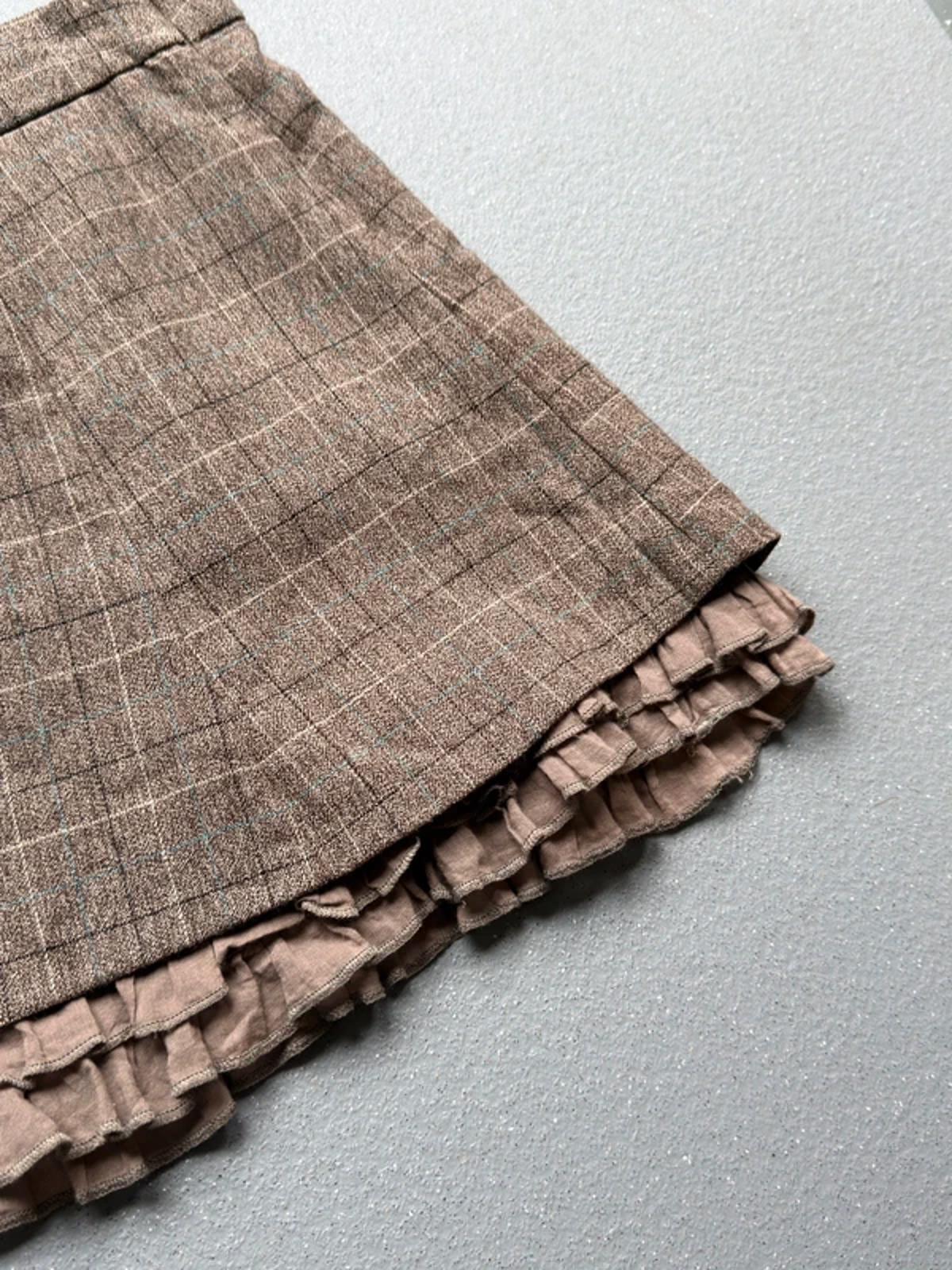Vintage Y2K Brown Plaid Mini Skirt Ruffle Hem 30”