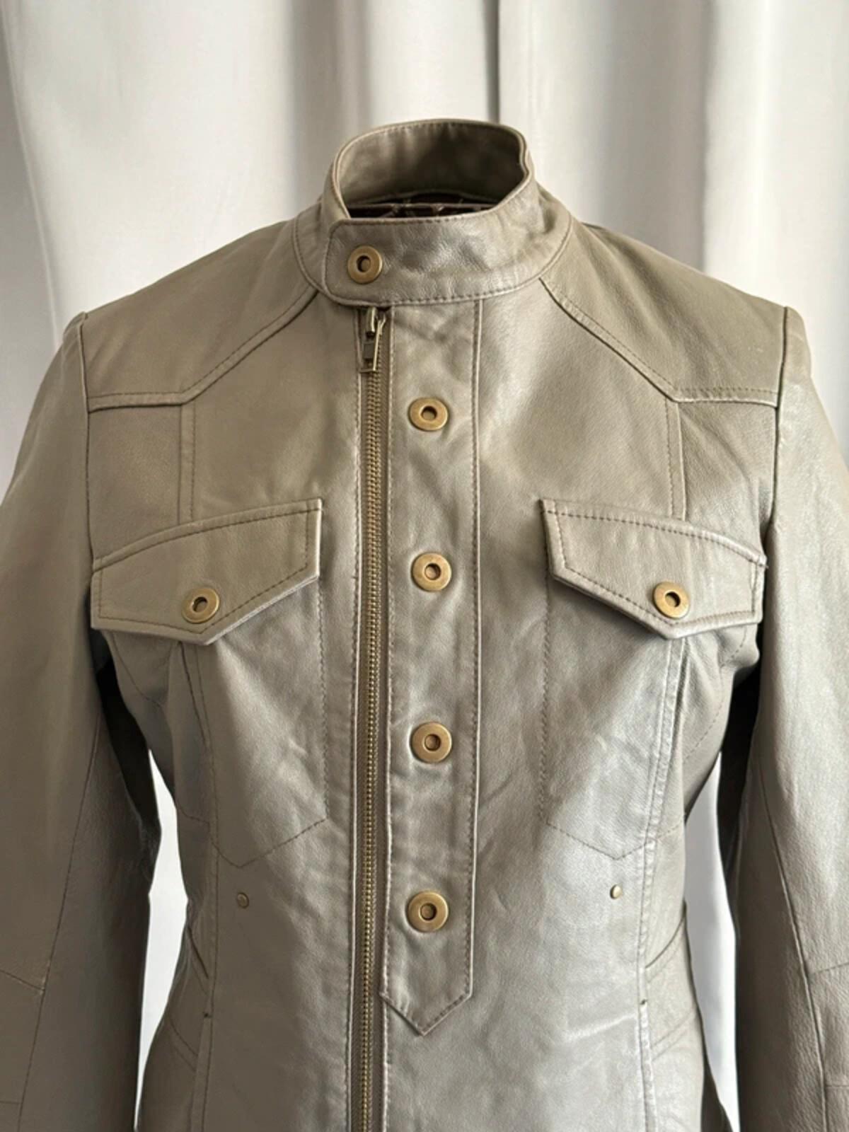 2000s Grey Leather Biker Jacket Size 8