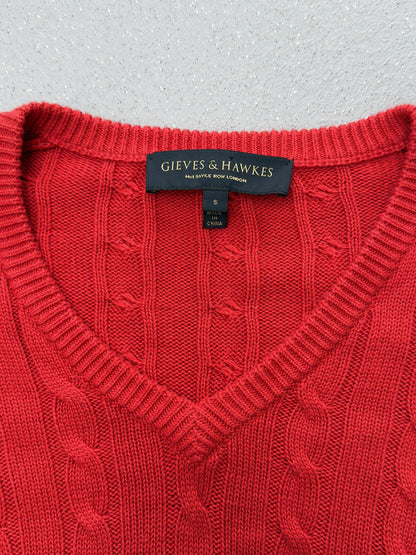 Gieves & Hawkes Red Cable Knit V Neck Jumper Merino Wool Sweater