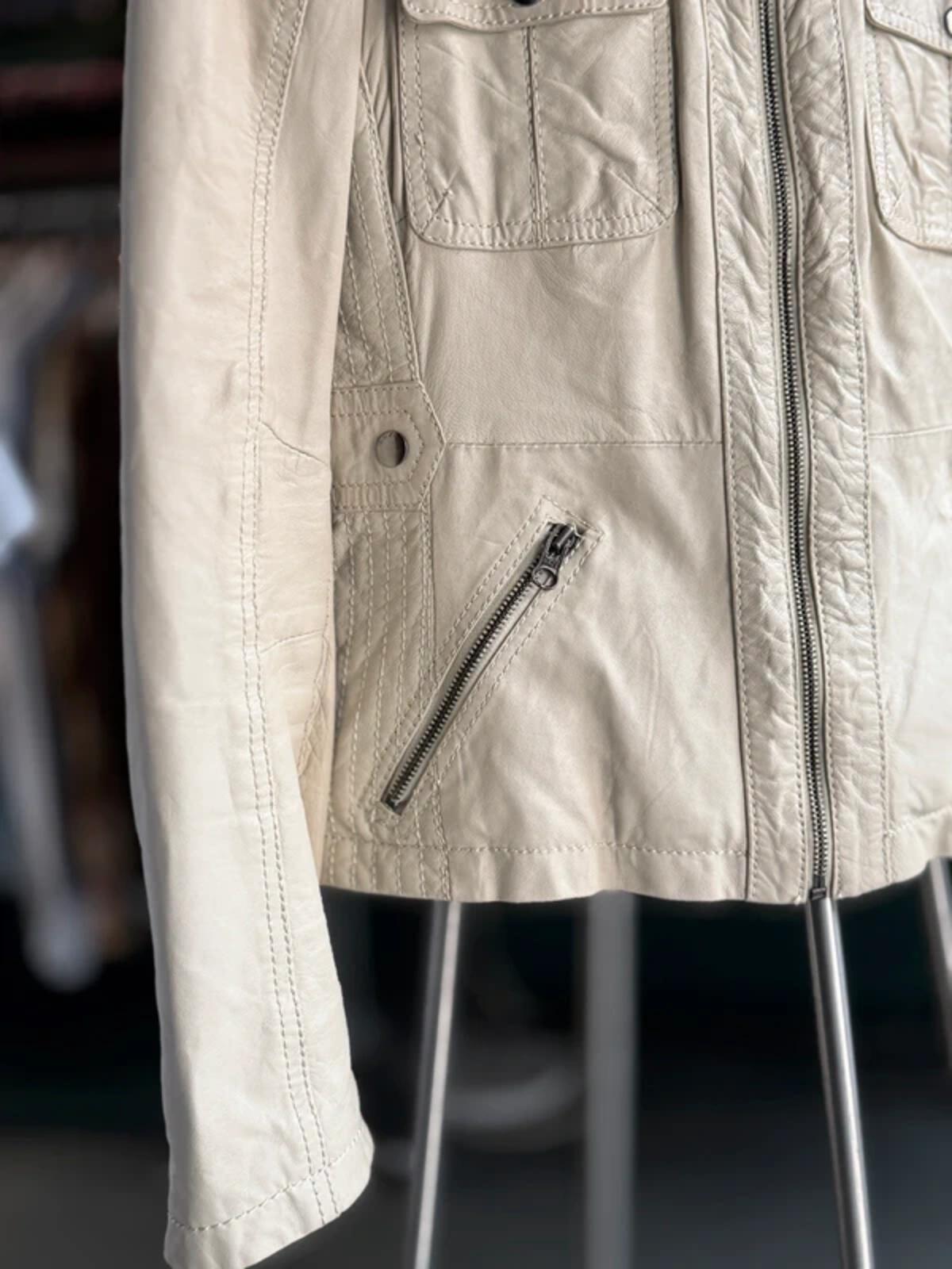 Y2K Cream Leather Bomber Biker Jacket Large
