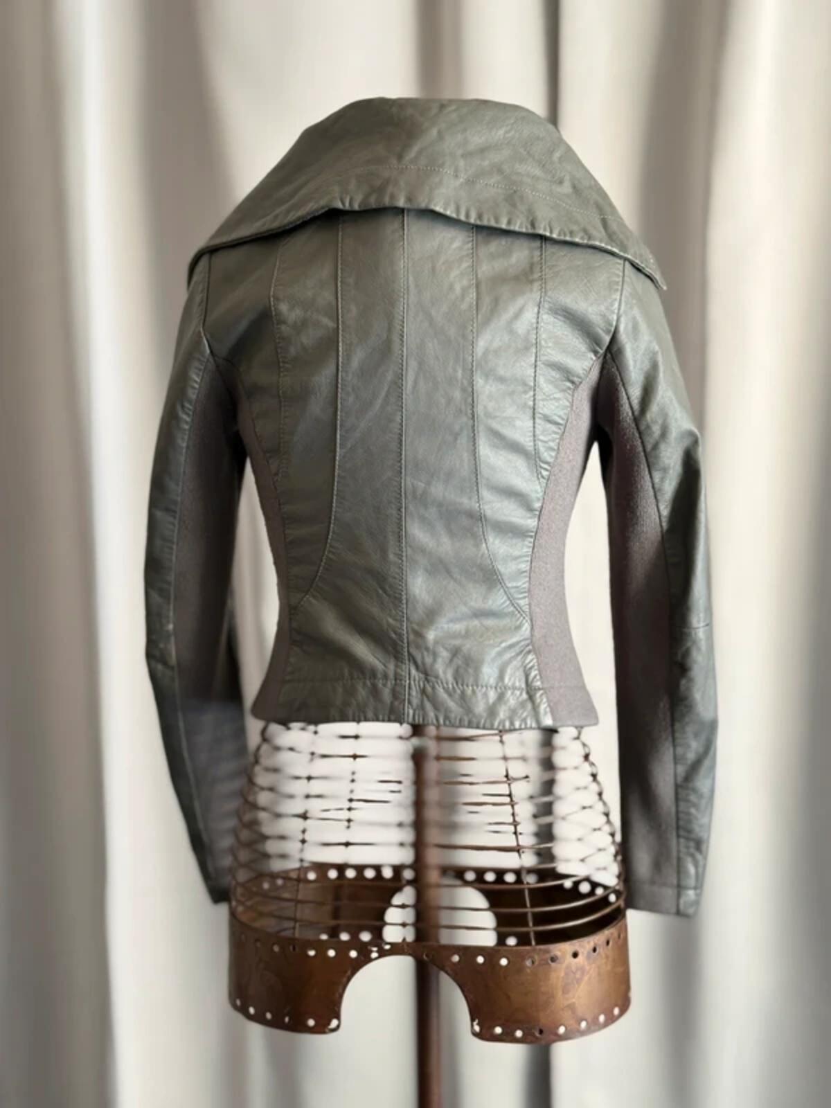 Y2K Grey Funnel Neck Leather Jacket XS Cropped