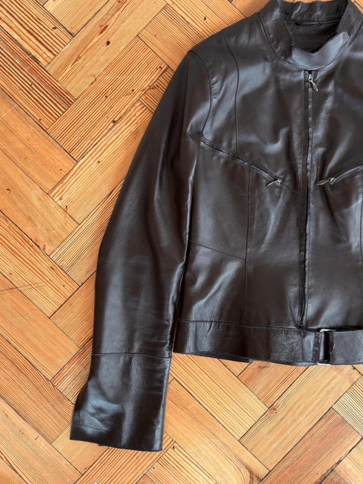 Y2K Brown Leather Biker Jacket Size 10