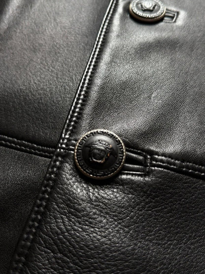 Gianni Versace 90s Vintage Black Leather Long Coat Medium Mens
