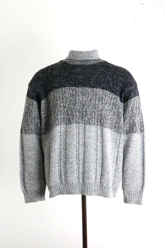90s Vintage Chunky Grey Roll Neck Sweater XL Striped