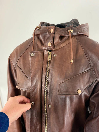 Derimod Hooded Brown Leather Jacket Large