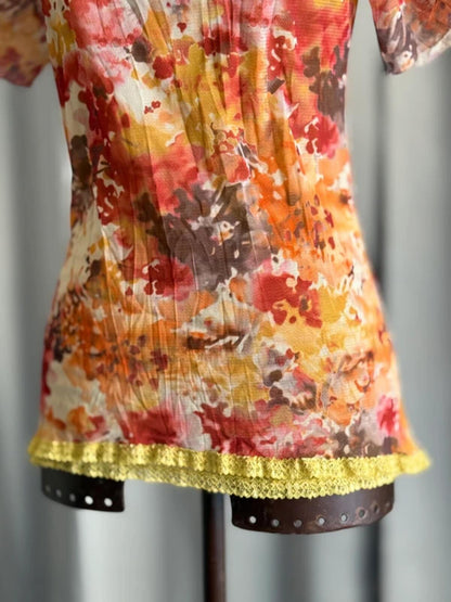 Y2K Mesh Dye Print Lace Trim Top Small 8