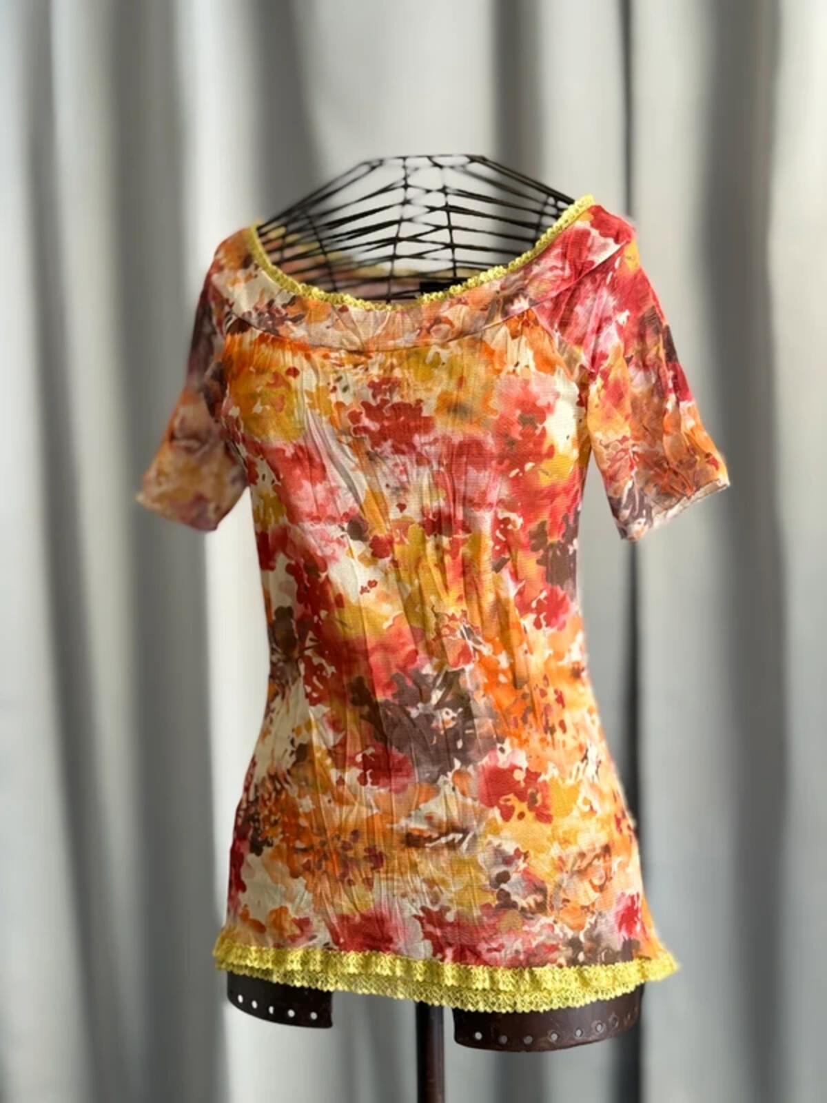 Y2K Mesh Dye Print Lace Trim Top Small 8