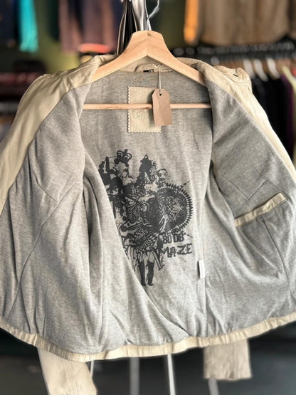 Y2K Cream Leather Bomber Biker Jacket Large