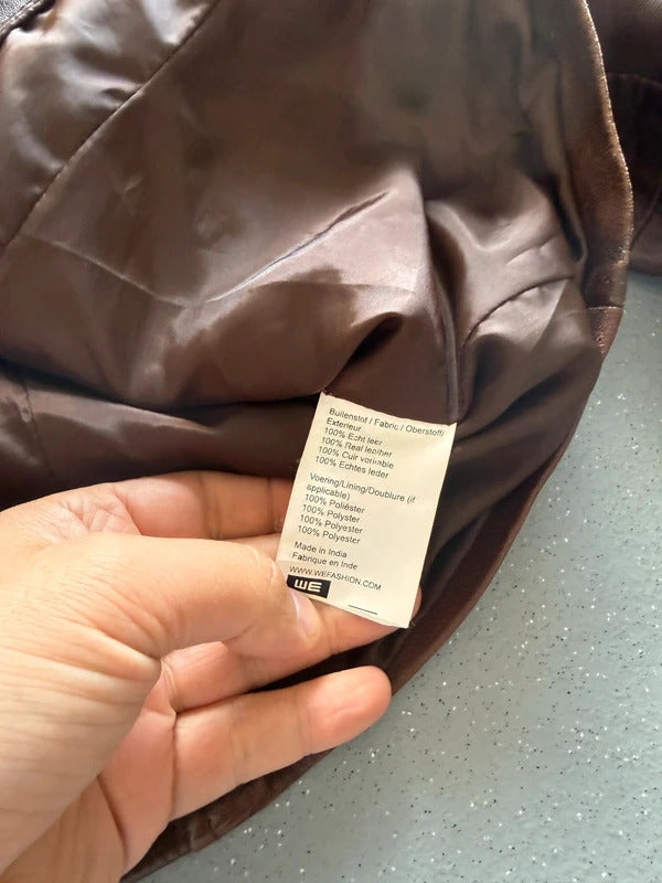 Y2K Brown Asymmetrical Leather Bomber Jacket XL Ladies