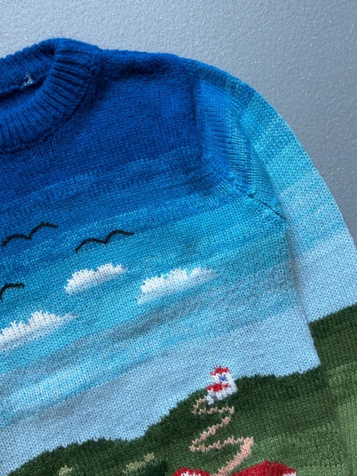 Vintage Sea Country Scene Hand Knit Sweater Small Ladies